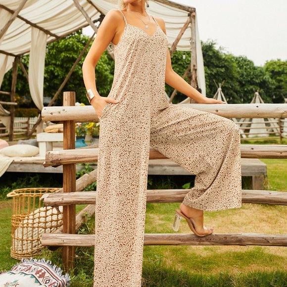 New Backless Tropical Print Wide Leg Cami Jumpsuit - Picture 4 of 6